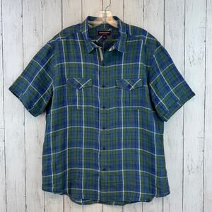 Johnston & Murphy Green Blue Plaid Linen Button-Up Short Sleeve Shirt Size XL